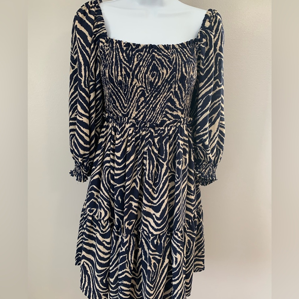 Crescent Navy Blue and Cream Smocked Sundress with Bishop Sleeves